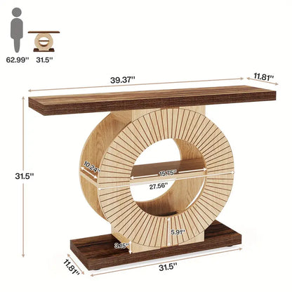 Console Tafel – Halltafel – Sofa Tafel – Entree Tafel – Accent Tafel – Modern Farmhouse – Massief Hout & Open Opbergruimte – Walnootbruine Afwerking – Stevige Ronde Basis – 39.3 Inch
