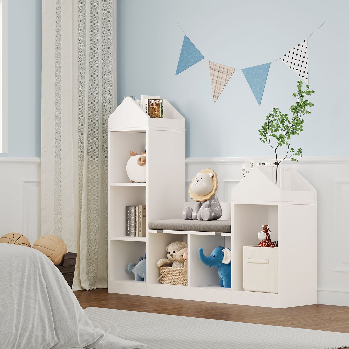 47.75-Inch Wide Bookcase with Cozy Reading Nook | 6 Cubby Storage Compartments, Floor Mount, Hardwood, Assembled, Suitable for Living Room