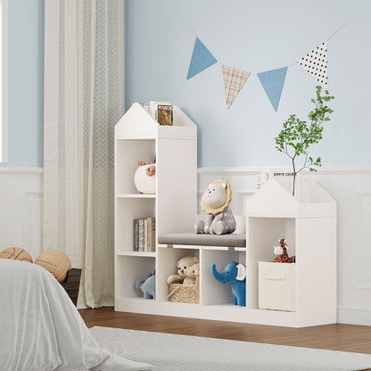 47.75-Inch Wide Bookcase with Cozy Reading Nook | 6 Cubby Storage Compartments, Floor Mount, Hardwood, Assembled, Suitable for Living Room