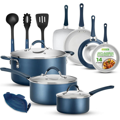 14-delige Kookset – Pannenset – Keukengerei Set – Anti-aanbakpannen – Inductiegeschikt – Marineblauw Design – Keramische Coating – Hittebestendige Handgrepen