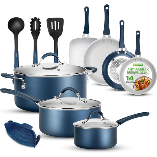 14-delige Kookset – Pannenset – Keukengerei Set – Anti-aanbakpannen – Inductiegeschikt – Marineblauw Design – Keramische Coating – Hittebestendige Handgrepen