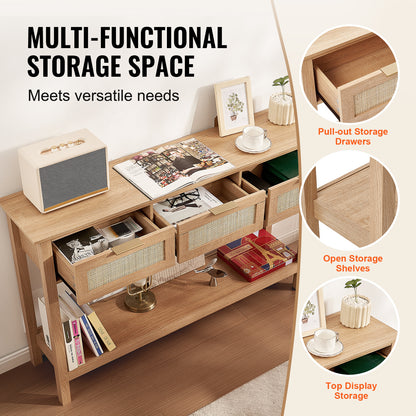 Rattan Sidetable – Wandtafel – Opbergtafel – Haltafel – Bijzettafel – Natuurlijk Rattan & Houten Blad – 3 Lades & Open Plank