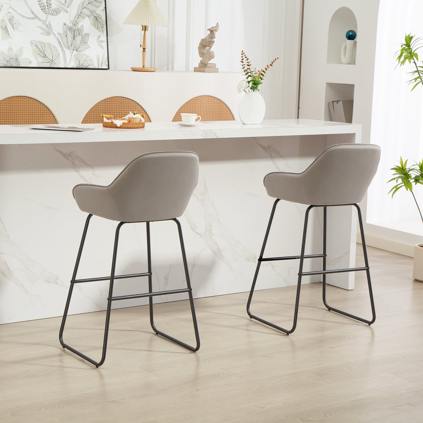 Barkrukken – Barstoelen – Krukken – Stoelen – Barstoelen Set – Grijze Stoffen Bekleding – Foamvulling Comfort – Stevig Metalen Frame
