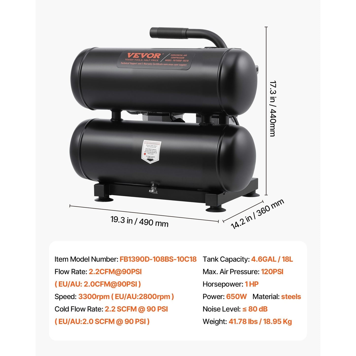 Luchtcompressor – Compressor – Bandenpomp – Pneumatisch Gereedschap – Olievrij – 4.6 Gallon Tank – 650W Motor – Stil 80 dB