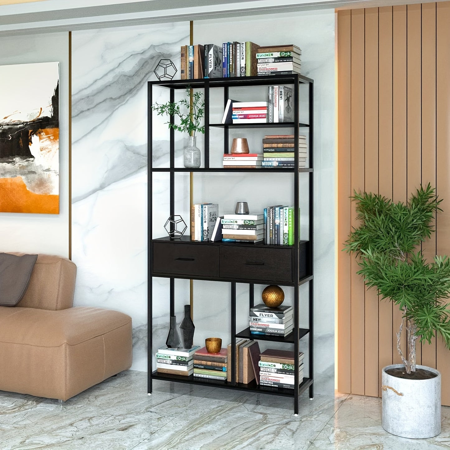 Boekenplank – Boekenrek – Wandplank – Boekenkast – Wandrek – Industrieel Metalen Frame – 5 Laags Met Laden – Staand – Zwart