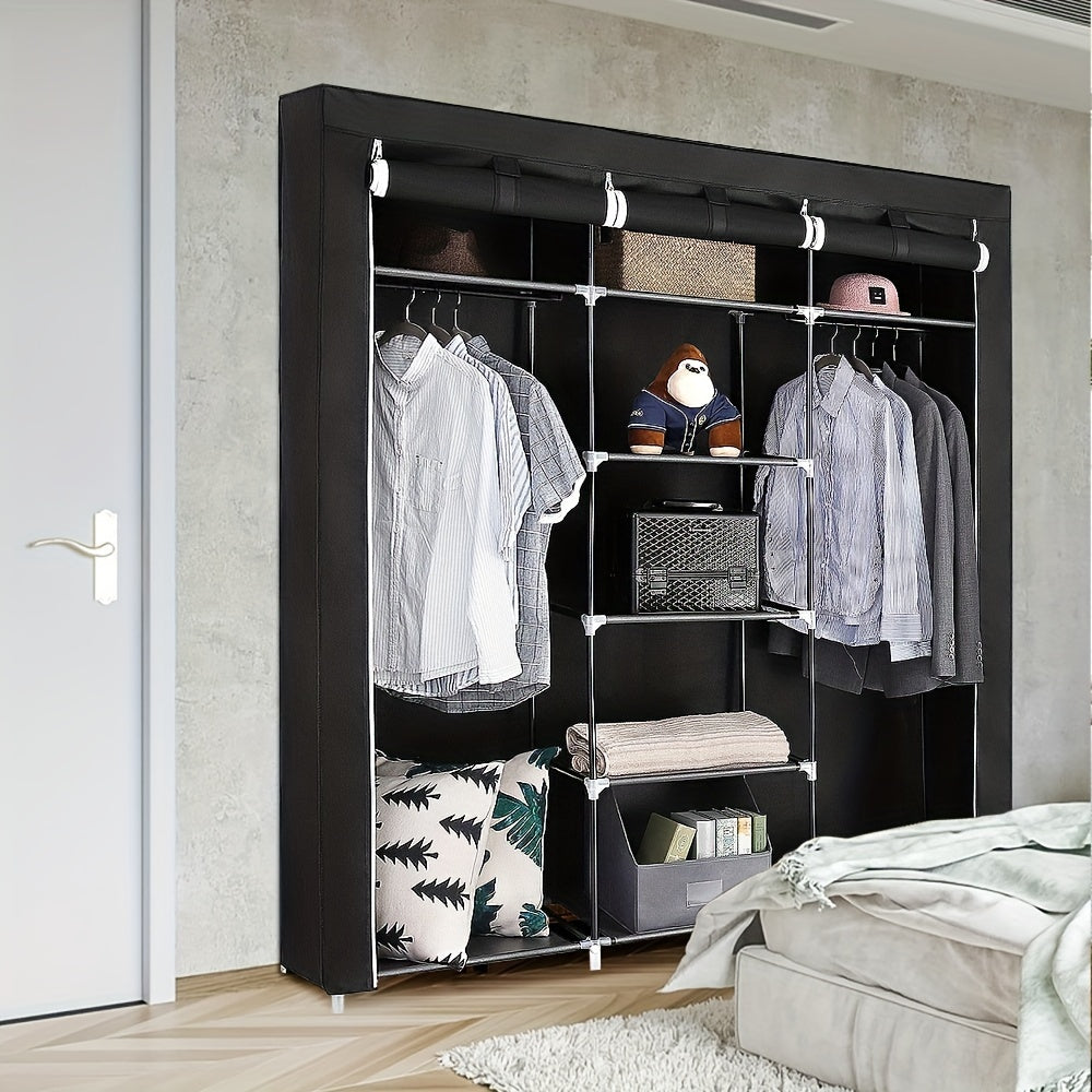 Non-woven Wardrobe Organizer with 3 Doors And 12 Shelves | Large-capacity 150x45x175cm Closet System for Bedrooms/dorms | Space-saving Design with Clothes Rail | Easy to Assemble (black, Ideal for Rentals/small Spaces)