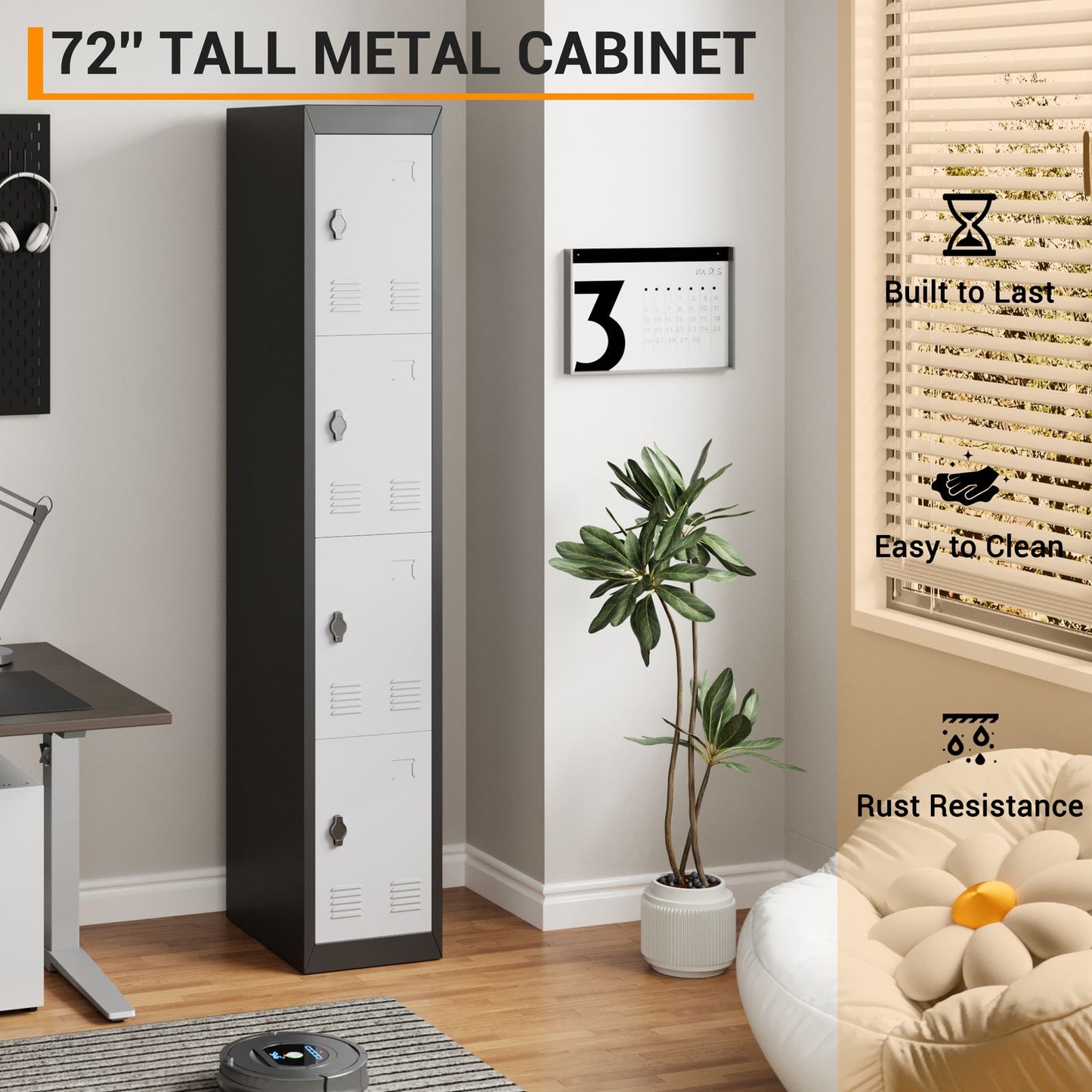 182.88cm Tall Heavy-Duty Lockable 4-Door Metal Storage Cabinet Suitable for School, Garage, Office, Gym, Home & Warehouse - Locker Room Cabinet with Shelves, -Standing (No Wood)