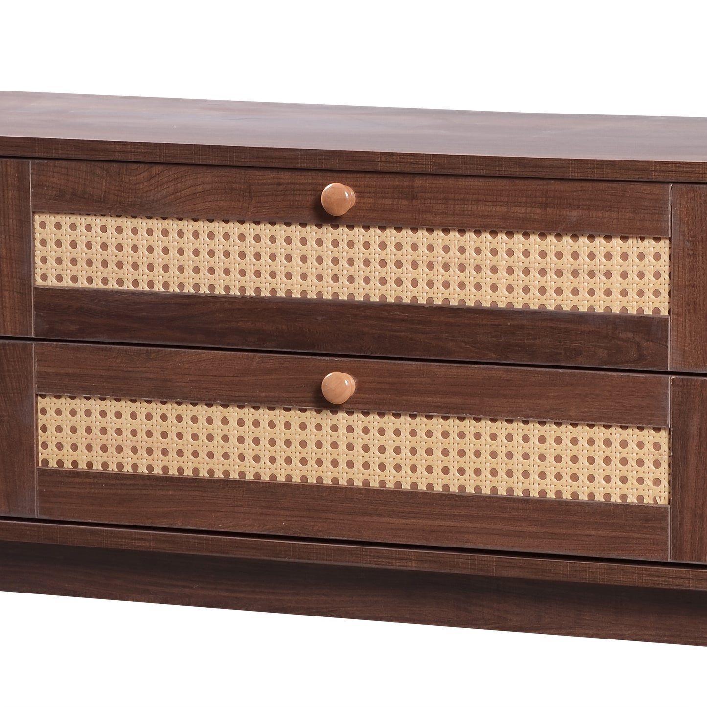 TV Cabinet - Natural Mixed Wood TV Cabinet with Doors And Drawers. TV Cabinet with Rattan Edges. Natural Country House Style