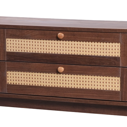 TV Cabinet - Natural Mixed Wood TV Cabinet with Doors And Drawers. TV Cabinet with Rattan Edges. Natural Country House Style