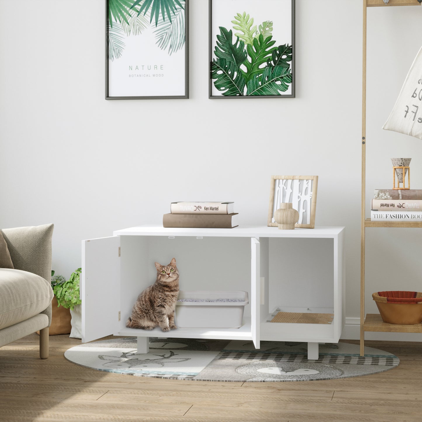 kattenbakhuis – kattenbak kast – kattenbak meubel – kattentoilet – kattenhuis – wit fiberboard – geïntegreerde kattenbakruimte – open vak krabpaal