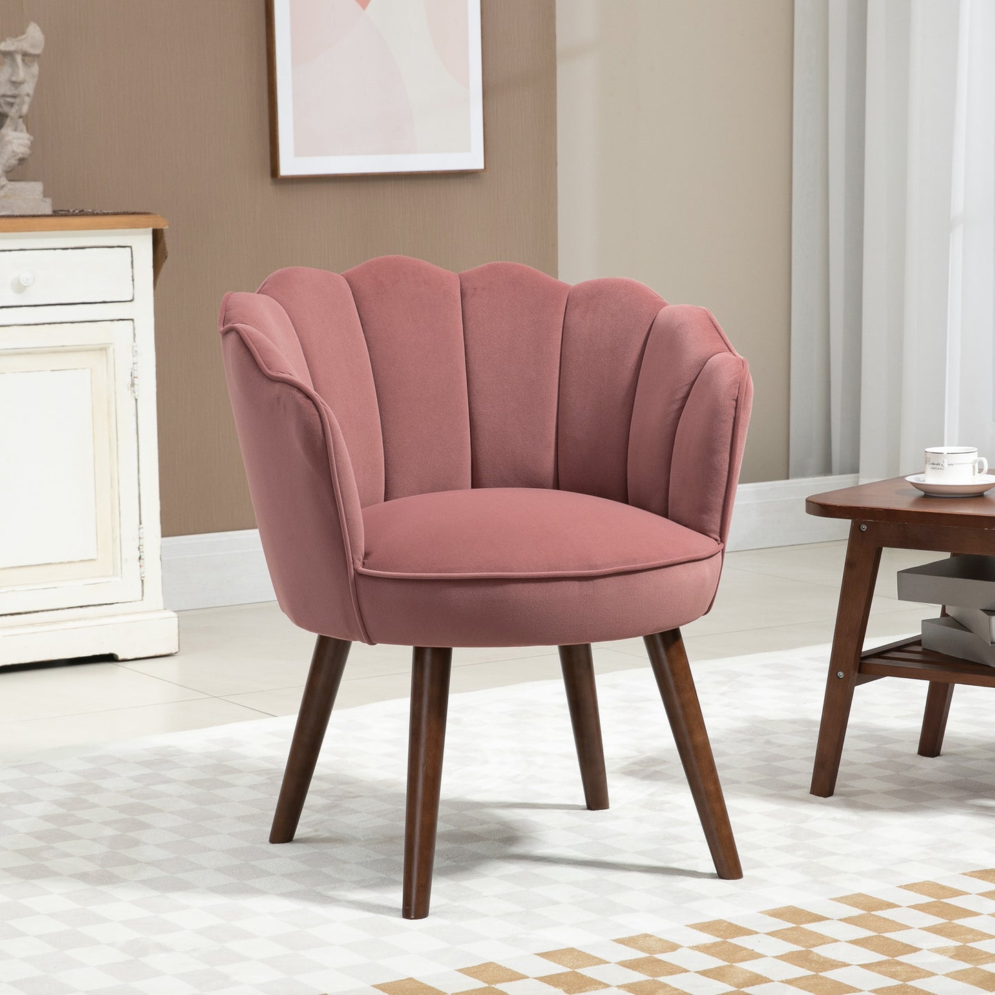 Fauteuil – Loungestoel – Relaxstoel – Leunstoel – Schelpvormige Lounge Chair – Roze Velvet Bekleding – Houten Poten – Compact Design