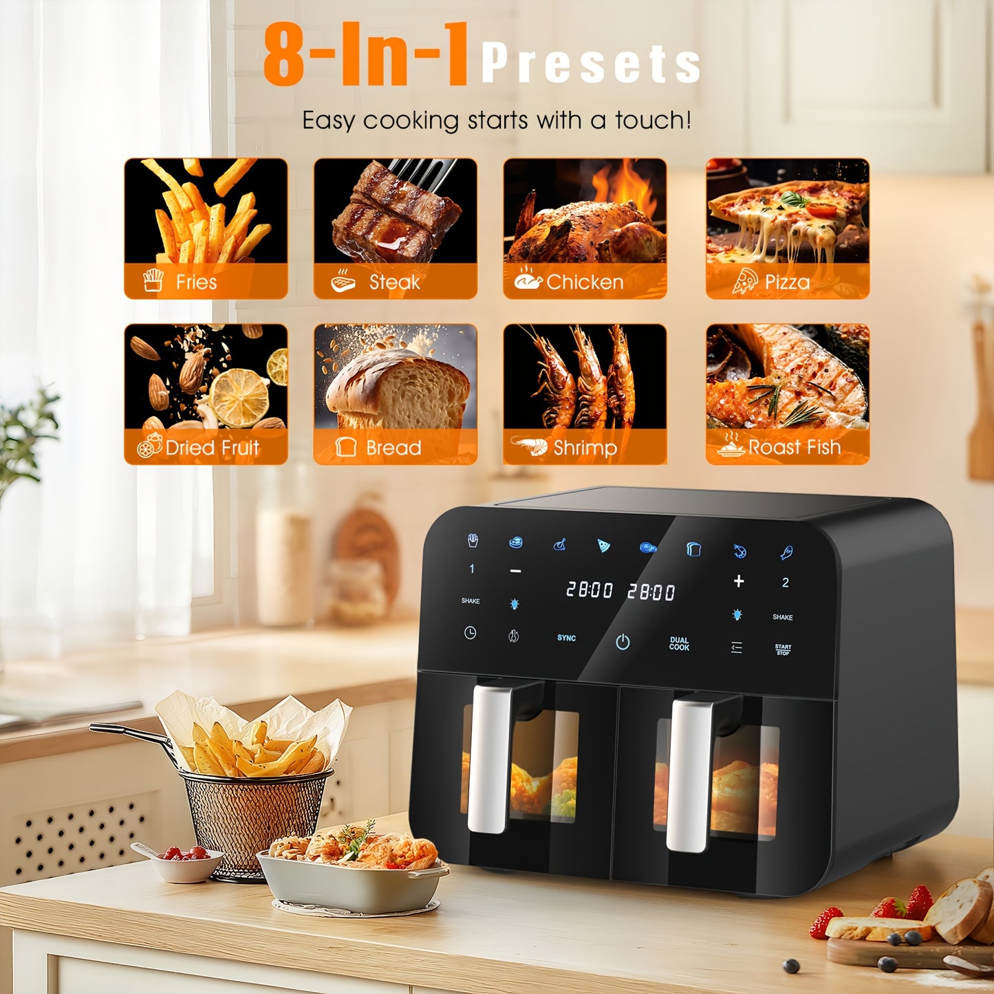Airfryer – Heteluchtfriteuse – Gezond Frituren – Digitale Oven – Dubbele Mandjes – 10L Capaciteit – 2x 5L Mandjes – Touchscreen Met Verlichte Kijkvensters – Anti-aanbak Vaatwasserbestendig – Zwart