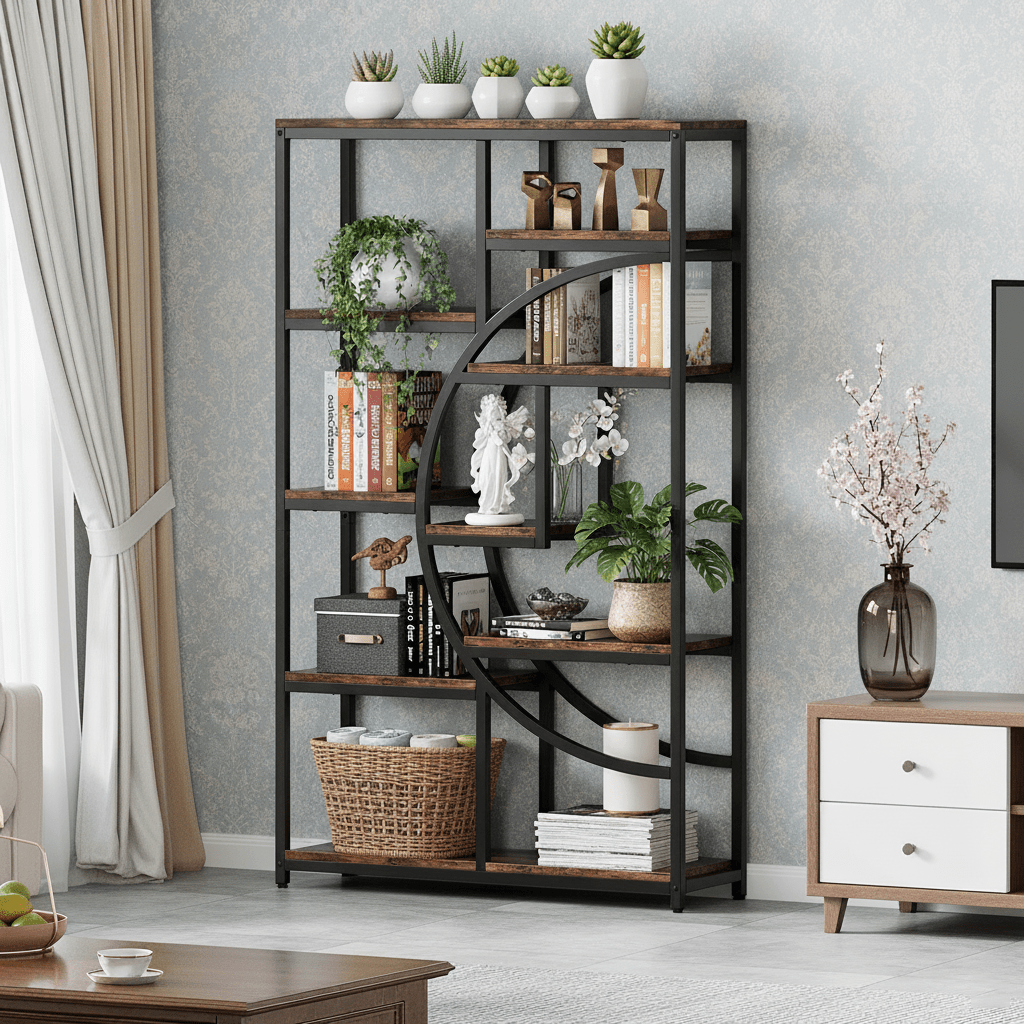 Boekenkast – Boekenrek – Opbergkast – Wandkast – Vakkenkast – Industrieel Design – 9 Open Planken – Robuust Zwart Metalen Frame met Natuurlijke Houtnerf