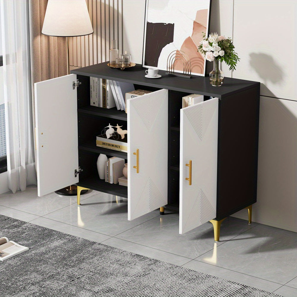 Dressoir – Opbergkast – Ladekast – Buffetkast – Sideboard – Mat Wit Gestreept – Gouden Handgrepen – Hardhout & Spaanplaat – Ruime Opbergruimte – Bohemian Design