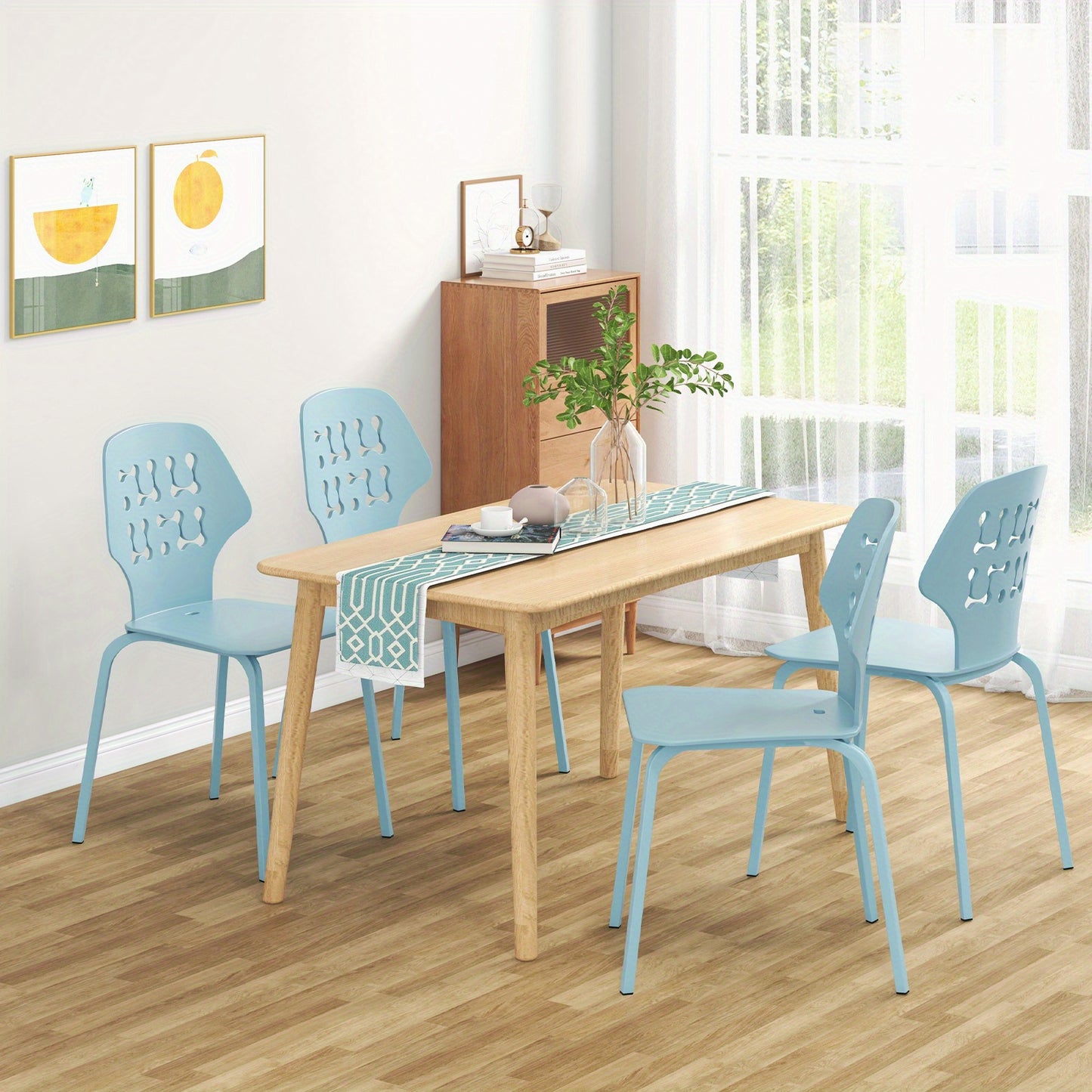GOFLAME 4-Person Metal Dining Chair Set - Modern Knitted Backrest & Metal Legs, Armless Elegant Design for Kitchen, Dining Room & Living Room, Blue, Dining Room Furniture, Elegant Dining Chair, Knitted Texture