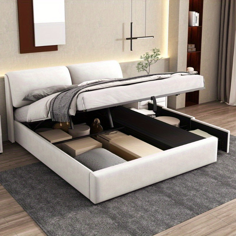 Opbergbed – Opbergbedframe – Hydraulisch Bed – Gestoffeerd Bed – Tweepersoonsbed – 180x200 cm – Beige Fluweel – Met Hoofdeinde & 3 Metalen Lades – Lattenbodem Zonder Matras