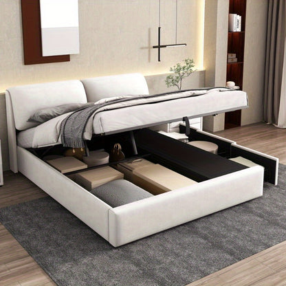 Opbergbed – Opbergbedframe – Hydraulisch Bed – Gestoffeerd Bed – Tweepersoonsbed – 180x200 cm – Beige Fluweel – Met Hoofdeinde & 3 Metalen Lades – Lattenbodem Zonder Matras