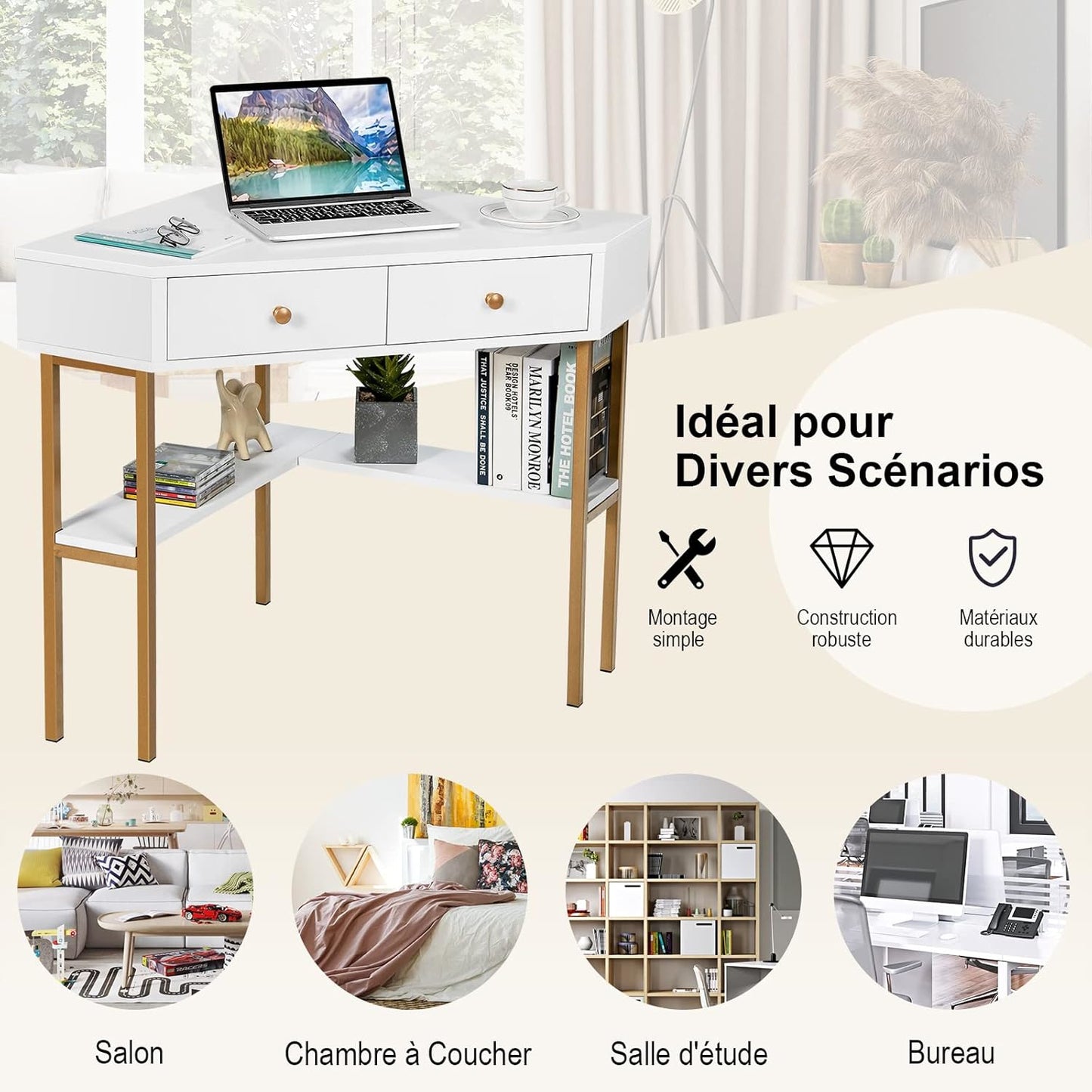 Hoekbureau – Bureautafel – Computerbureau – Werkplek – L-vormig Bureau – MDF & Stalen Frame – 70,5x70,5 cm – 2 Lades Met Opbergruimte