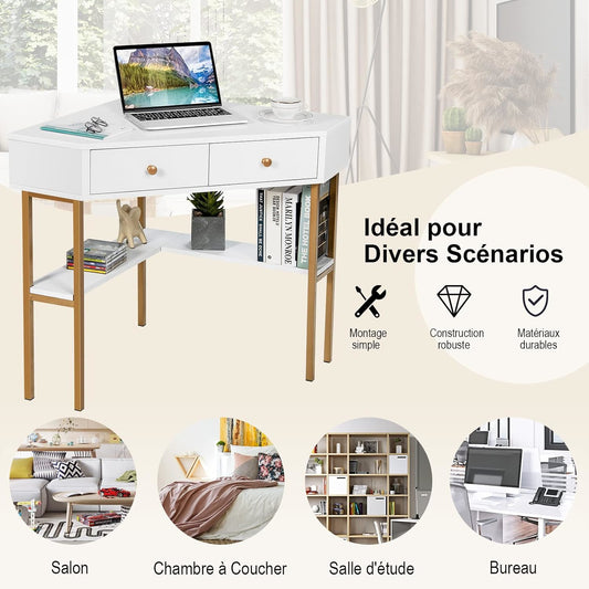 Hoekbureau – Bureautafel – Computerbureau – Werkplek – L-vormig Bureau – MDF & Stalen Frame – 70,5x70,5 cm – 2 Lades Met Opbergruimte