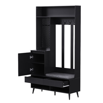 Coat Rack Entryway Hallway Storage Organizer with Shoe Bench 4 Hooks 2 Drawers 1 Door Cabinet for Home Black 100x35x180cm, Shoe Rack with Bench And Coat Hanger