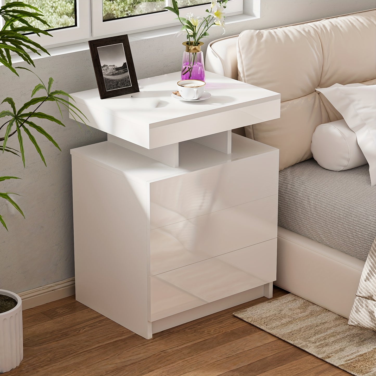 Nachtkastje – Bijzettafel – Opbergkast – Ladekast – Slaapkamerkast – Massief Hout – 3 Lades Met Zachte Rails – Compact Wit Design