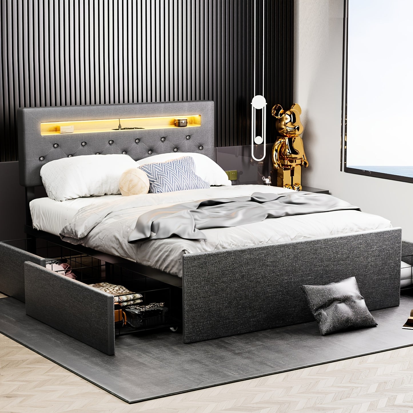 Tweepersoonsbed – Bedframe – Slaapbed – Opbergbed – Led Bed – 140x200 cm – Gestoffeerd Hoofdeinde – 4 Lade Opbergruimte