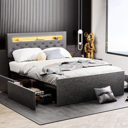 Tweepersoonsbed – Bedframe – Slaapbed – Opbergbed – Led Bed – 140x200 cm – Gestoffeerd Hoofdeinde – 4 Lade Opbergruimte