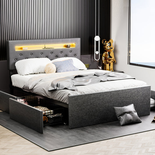 Tweepersoonsbed – Bedframe – Slaapbed – Opbergbed – Led Bed – 140x200 cm – Gestoffeerd Hoofdeinde – 4 Lade Opbergruimte