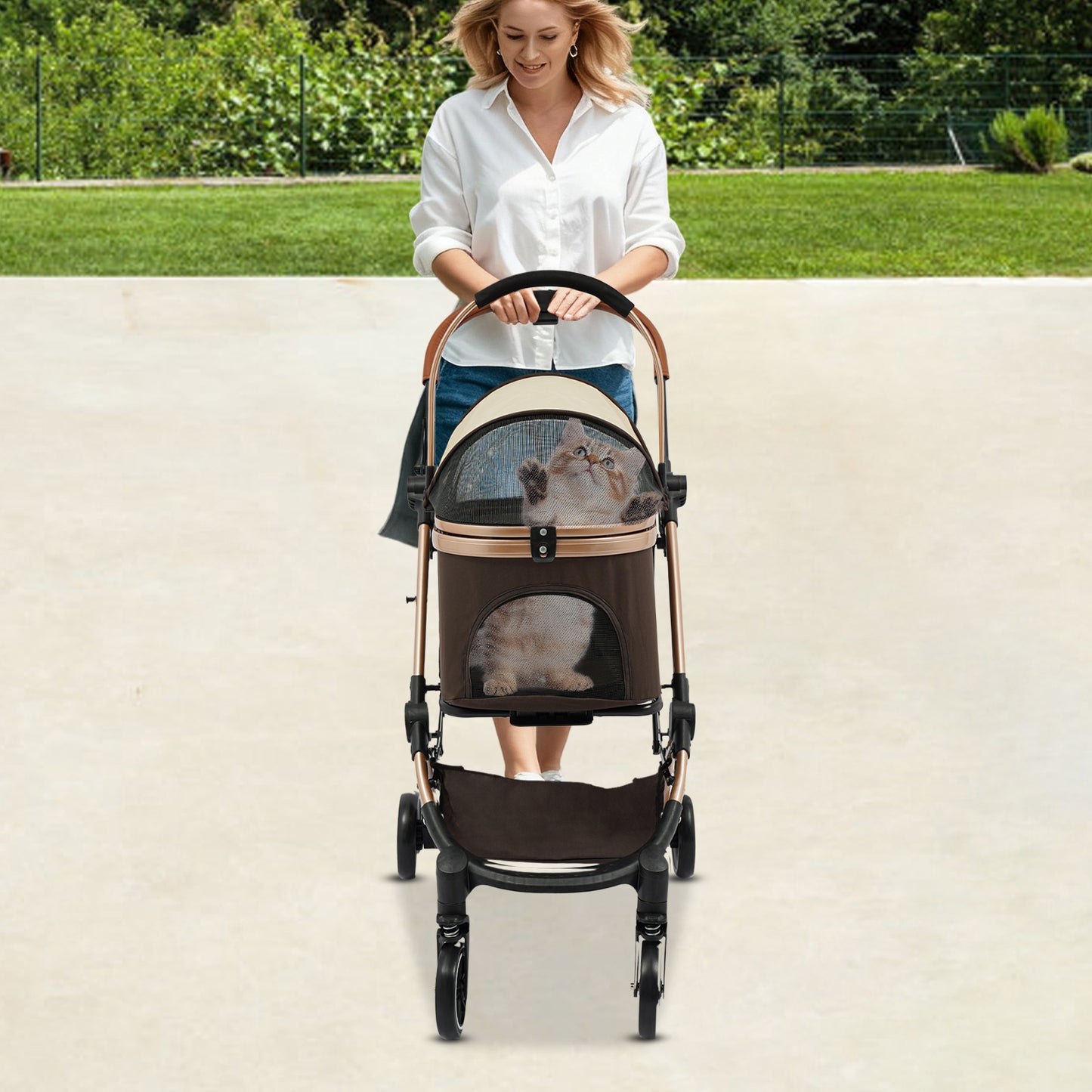 Foldable 4-Wheel All-Terrain Pet Stroller Cart with Canopy, Undercarriage Storage & Harness for dogs & cats - Heavy-Duty Nylon & Oxford Fabric Foldable Puppy/Kitten Carrier for Walks, Vet Visits, Airports, Shopping