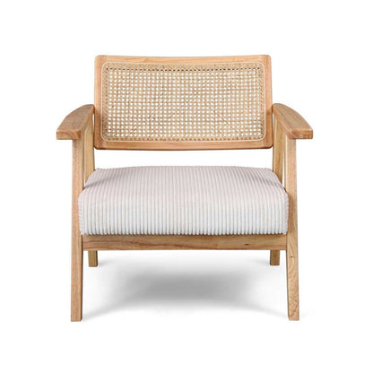 Fauteuil – Armstoel – Relaxstoel – Leunstoel – Clubstoel – Massief Parawood – Polyrattan Details – Beige Fluwelen Bekleding – Water- en Vlekbestendig