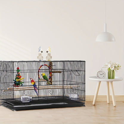 Vogelkooi – Vogelkooi Voor Parkieten – Kooi Voor Kanaries – Reiskooi Vogel – Broedkooi Vogels – 75,5x45x45 cm Zwart Metaal – Met Scheidingspaneel & Uitschuifbare Bodemtray