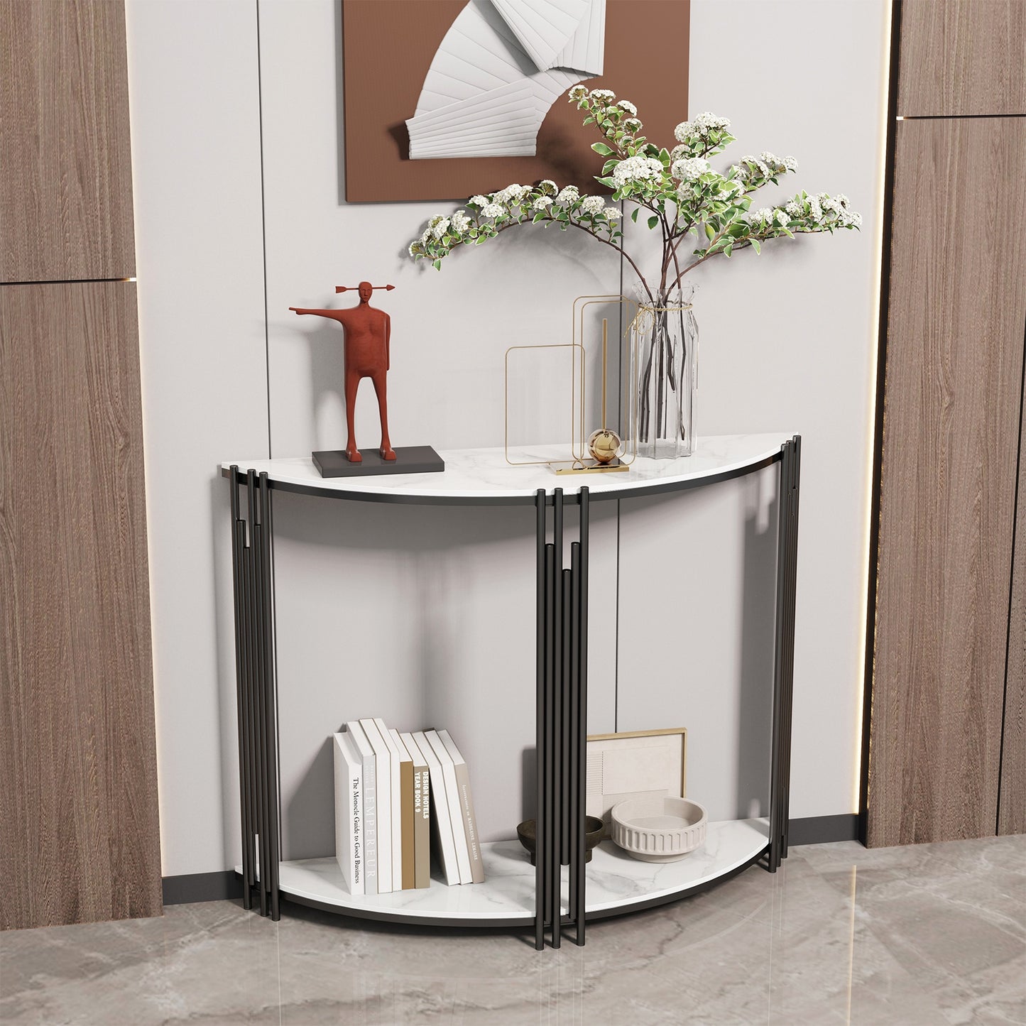 Sidetable – Haltafel – Sofa Tafel – Bijzettafel – Accenttafel – Halfrond Design – Gelaagd Met Sintersteen – 100x30x78 cm – Modern Minimalistisch – Zwart Metaal Frame