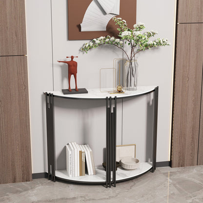 Sidetable – Haltafel – Sofa Tafel – Bijzettafel – Accenttafel – Halfrond Design – Gelaagd Met Sintersteen – 100x30x78 cm – Modern Minimalistisch – Zwart Metaal Frame