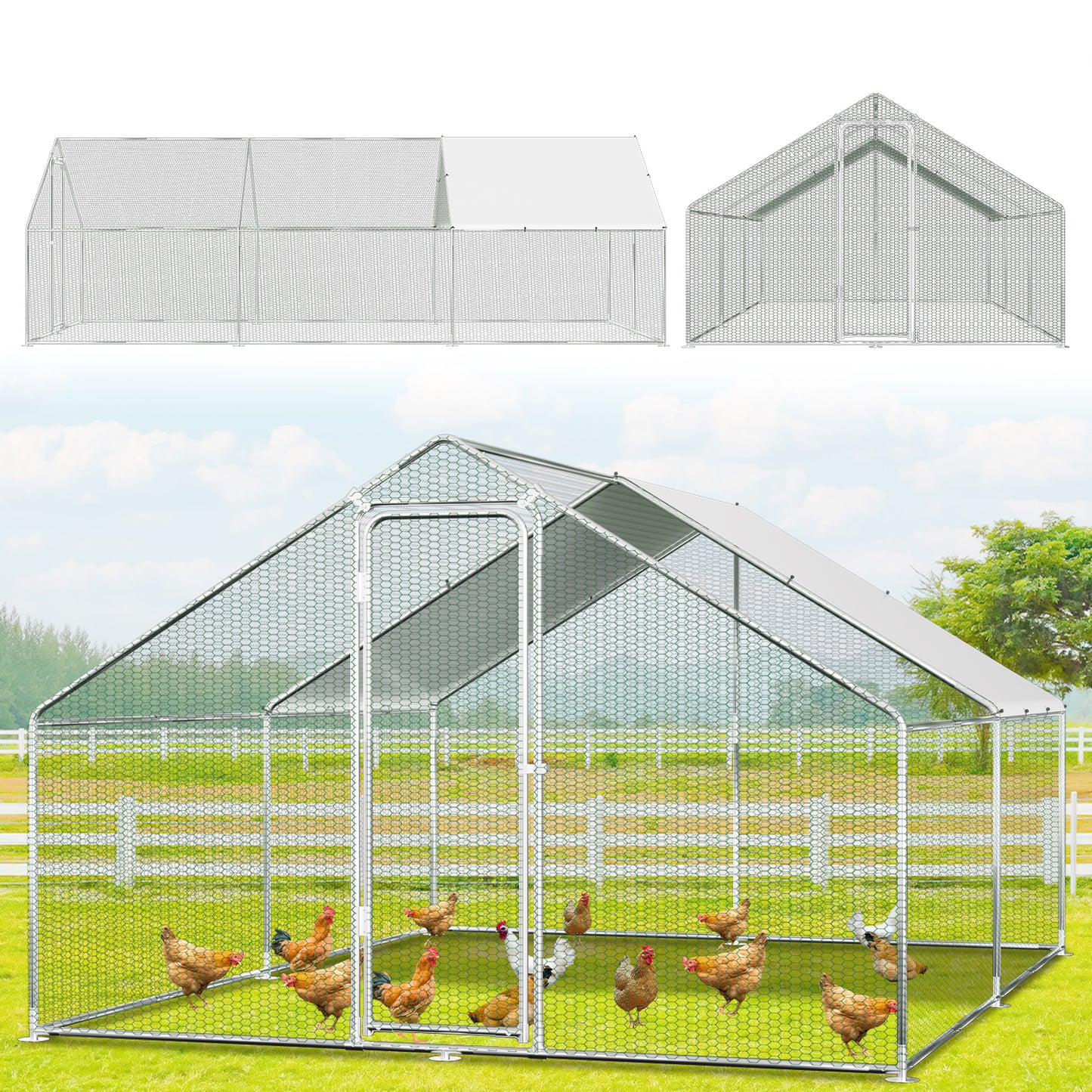 Buitenren Kippenren Konijnenren Dierenren Hokken – 300x600x200 cm – Gegalvaniseerd Stalen Frame – Weerbestendig Met PE-Zonwering