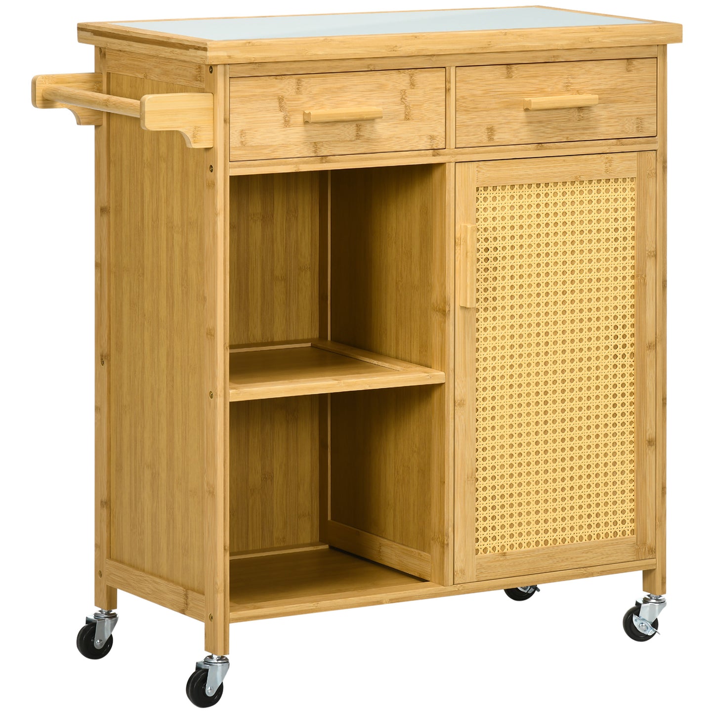 Keukentrolley – Keukenwagen – Serveerwagen – Opbergwagen – Rolwagen – Natuurlijk Bamboe – Met Glas Werkblad – 84x36x85 cm