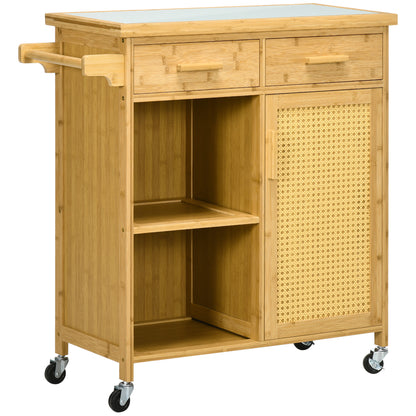 Keukentrolley – Keukenwagen – Serveerwagen – Opbergwagen – Rolwagen – Natuurlijk Bamboe – Met Glas Werkblad – 84x36x85 cm