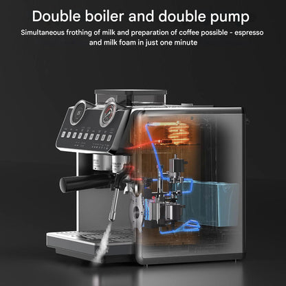 Espressomachine – Koffiemachine – Barista Machine – Koffiezetapparaat – Espresso Maker – 20 Bar Druk – 2800 W Vermogen – Ingebouwde Koffiemolen – Dubbel Verwarmingselement – RVS 2,7 L Waterreservoir