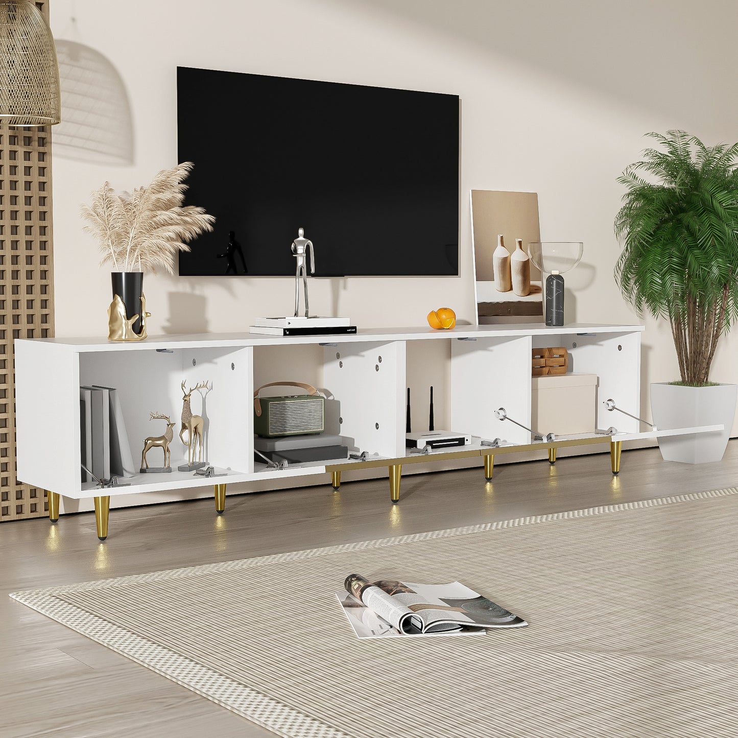 170 cm TV Cabinet – White Minimalist Style, Standing and Wall Mounting, 4 Doors (2 Glass Doors), Versatile Mounting Options, Perfect for Living Room