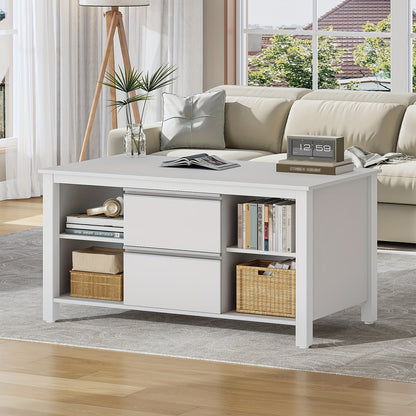 Salontafel – Woonkamertafel – Bijzettafel – Sofa Tafel – Tafel Met Lades – Wit Mat – 100x50x50 cm – Stalen Poten – 2 Lades + 4 Open Vakken