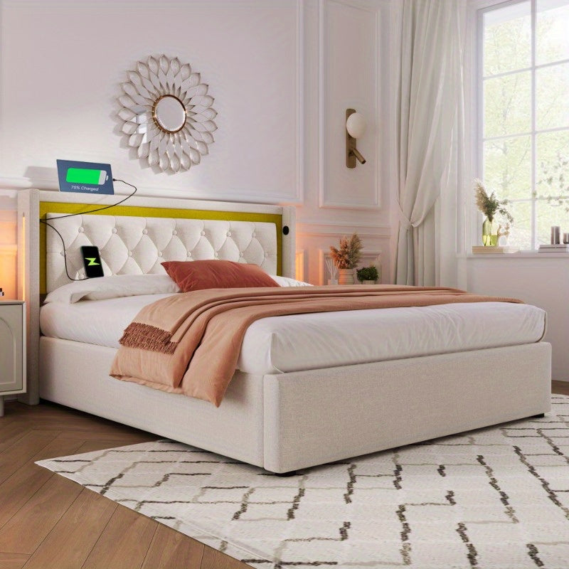 Tweepersoonsbed – Ledikant – Bedframe – Slaapbed – Opbergbed – Met Matras 140x200 cm – Wit Bekleed Frame – Met Opbergruimte Hoofdbord – Voorgeassembleerd – Zonder Stroomvoorziening