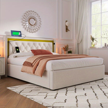 Tweepersoonsbed – Ledikant – Bedframe – Slaapbed – Opbergbed – Met Matras 140x200 cm – Wit Bekleed Frame – Met Opbergruimte Hoofdbord – Voorgeassembleerd – Zonder Stroomvoorziening