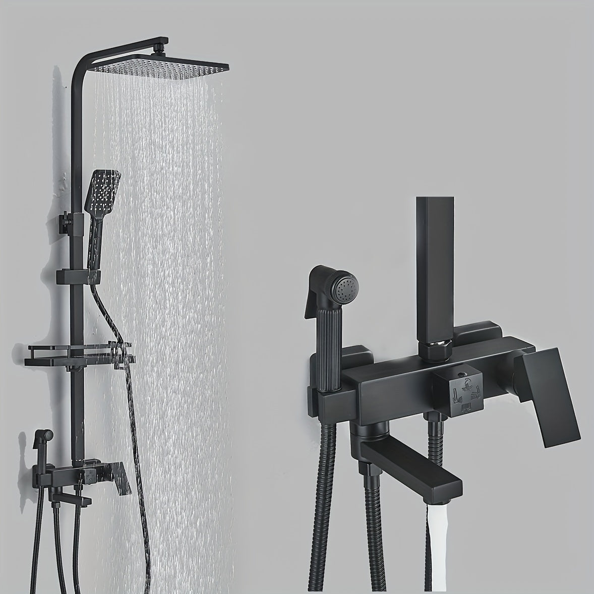 Zwart Douche Systeem – Douche Set – Handdouche – Regendouche – Badkuipsproeier – Matzwart Design – Messing Materiaal – Wandmontage