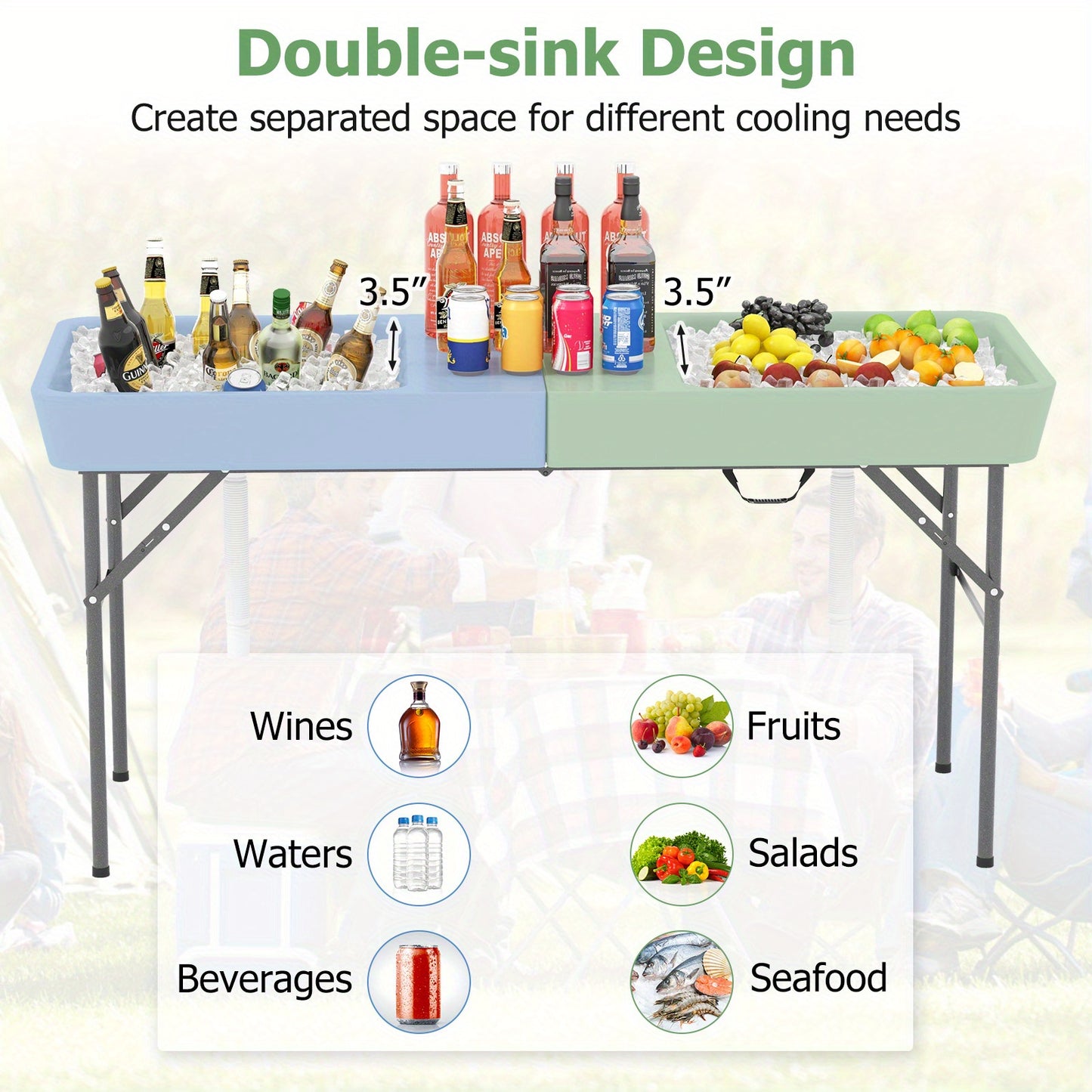 Koeltafel – Ijstafel – Picknicktafel – Barbecue tafel – Opvouwbare tafel – Dubbele koelbakken – Weerbestendig HDPE blad