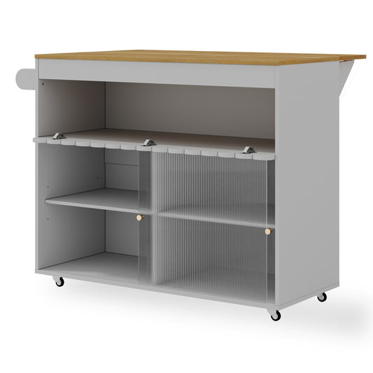 Keukeneiland – Keukentrolley – Buffetkast – Sideboard – Opbergkast – Grijs – Schuifdeur en Mobiel op Wieltjes – Ruime Opbergruimte met Open Vakken