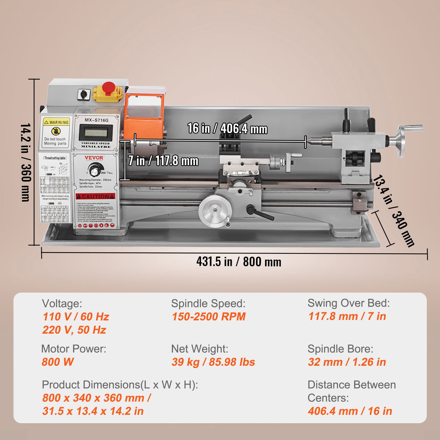 Metaaldraaibank – Mini Draaibank – Precisiedraaibank – Benchtop Draaibank – Metaalbewerking Machine – 7'' x 16'' Compact – 800W Borstelloze Motor