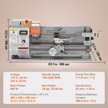 Metaaldraaibank – Mini Draaibank – Precisiedraaibank – Benchtop Draaibank – Metaalbewerking Machine – 7'' x 16'' Compact – 800W Borstelloze Motor