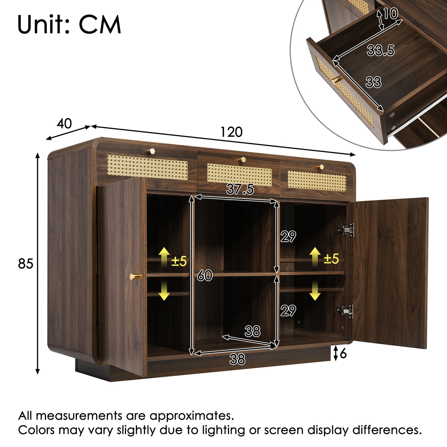 Dressoir – Sideboard – Opbergkast – Ladekast – Buffetkast – Notenhout Met Rattan Details – 120x40x85 Cm – Verstelbare Planken