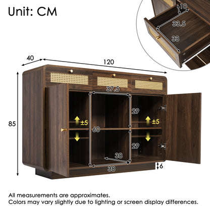 Dressoir – Sideboard – Opbergkast – Ladekast – Buffetkast – Notenhout Met Rattan Details – 120x40x85 Cm – Verstelbare Planken