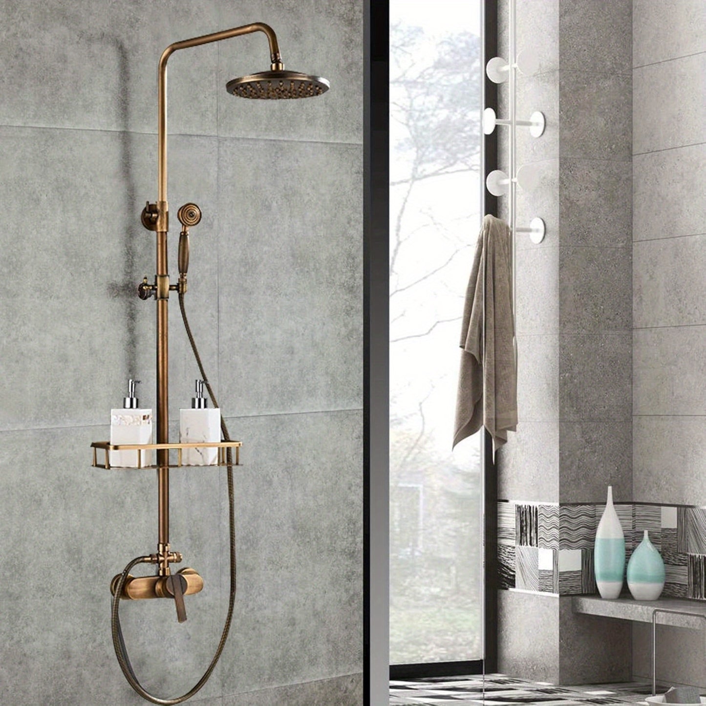 Vintage Douche Systeem – Douche Set – Regendouche – Handdouche – Douchearmatuur – Antiek Messing – 360° Draaibare Douchekop – Duurzaam En Waterbestendig