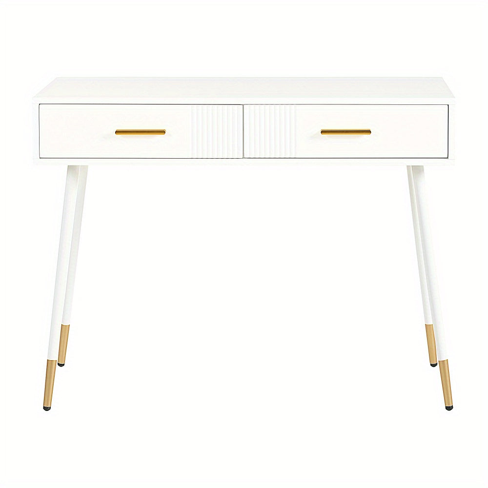 Kaptafel – Make-uptafel – Schminktisch – Dressing Table – Toilettafel – Wit – Met Metalen Gouden Poten – 2 Uitschuifbare Laden – Compact Formaat 40 cm Diep